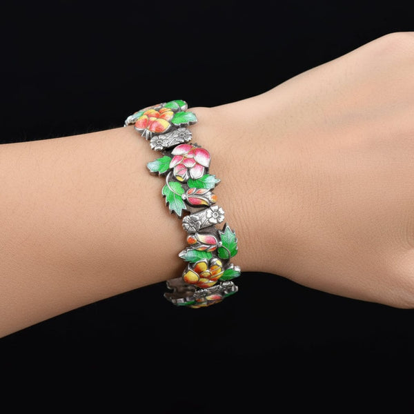 Antique Floral Enamel Sterling Silver Bracelet