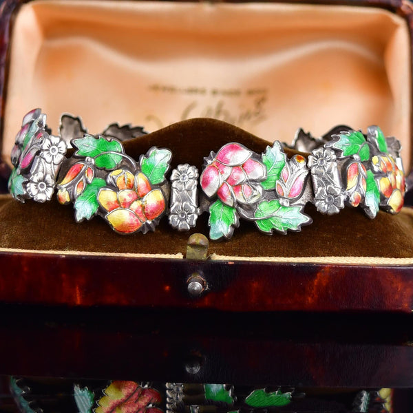Antique Floral Enamel Sterling Silver Bracelet