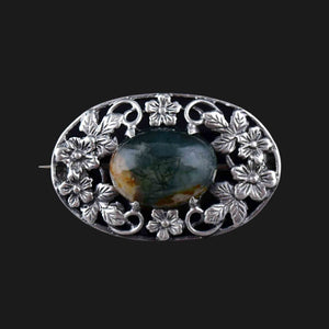 Arts and Crafts Silver Forget Me Not Scottish Moss Agate Brooch - Boylerpf