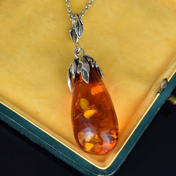 Sterling Silver Vine Leaf Natural Baltic Amber Pendant