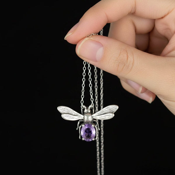 Vintage Sterling Silver Amethyst Bee Pendant Necklace - Boylerpf
