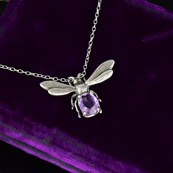 Vintage Sterling Silver Amethyst Bee Pendant Necklace - Boylerpf