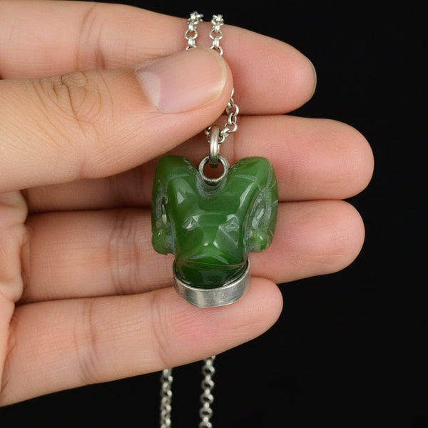 Vintage Silver Carved Jade Ram Head Necklace - Boylerpf