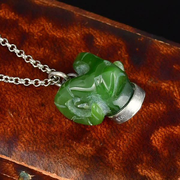 Vintage Silver Carved Jade Ram Head Necklace - Boylerpf