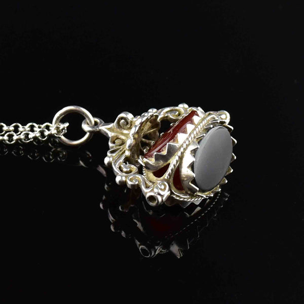 Vintage Silver Bloodstone Carnelian Spinner Watch Fob Necklace - Boylerpf