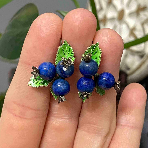 Vintage Sterling Silver Lapis Lazuli Blueberry Enamel Earrings - Boylerpf