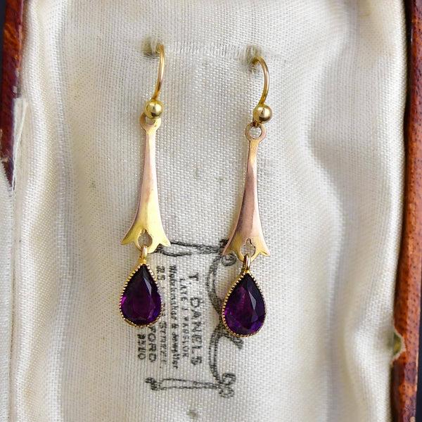 Antique Edwardian Gold Pear Cut Amethyst Drop Earrings - Boylerpf