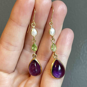 Vintage Gold Peridot Pearl Amethyst Suffragette Earrings - Boylerpf