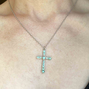 Silver Turquoise Cabochon Cross Pendant Necklace - Boylerpf