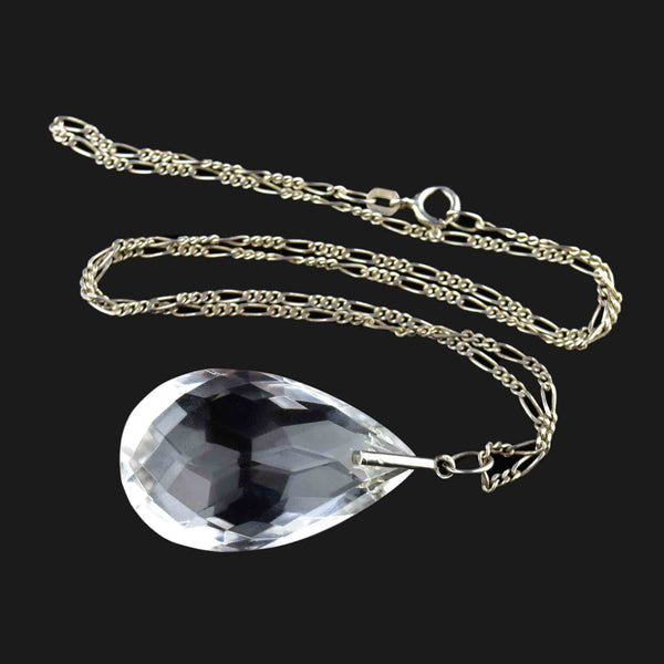 Vintage Silver Faceted Rock Crystal Teardrop Pendant Necklace - Boylerpf