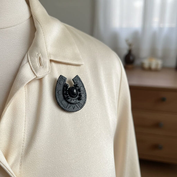 Antique Vulcanite Bullseye Agate Horseshoe Brooch