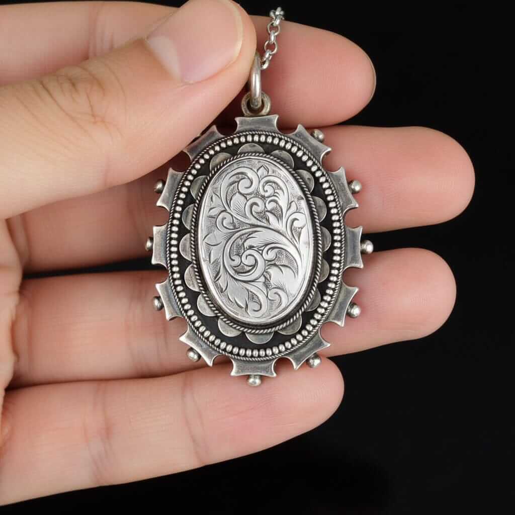 Antique Victorian Engraved Leaf Sterling Silver Locket Necklace