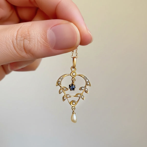 Antique Art Nouveau Sapphire Pearl Lavaliere Necklace