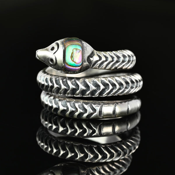 Vintage Taxco Sterling Silver Serpent Ring with Abalone