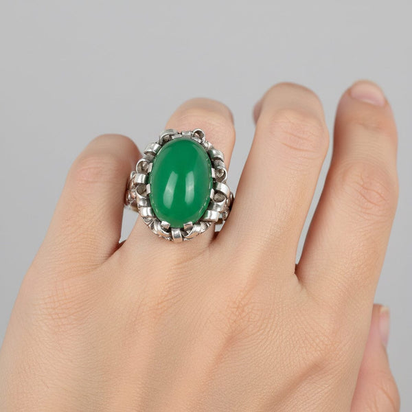 Antique Chrysoprase Ring Arts & Crafts Sterling Silver