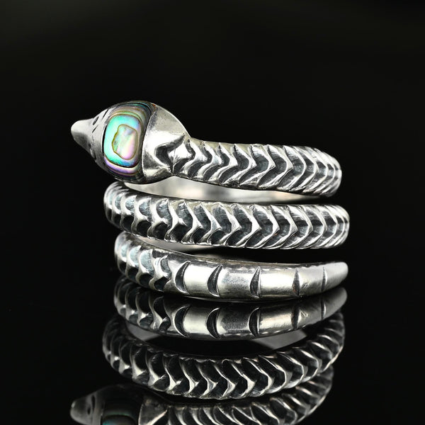 Vintage Taxco Sterling Silver Serpent Ring with Abalone