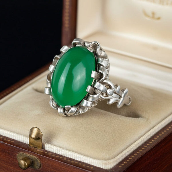 Antique Chrysoprase Ring Arts & Crafts Sterling Silver