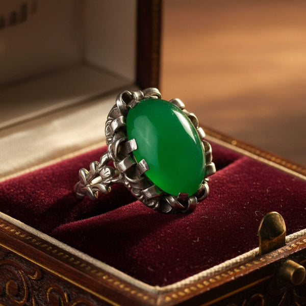 Antique Chrysoprase Ring Arts & Crafts Sterling Silver