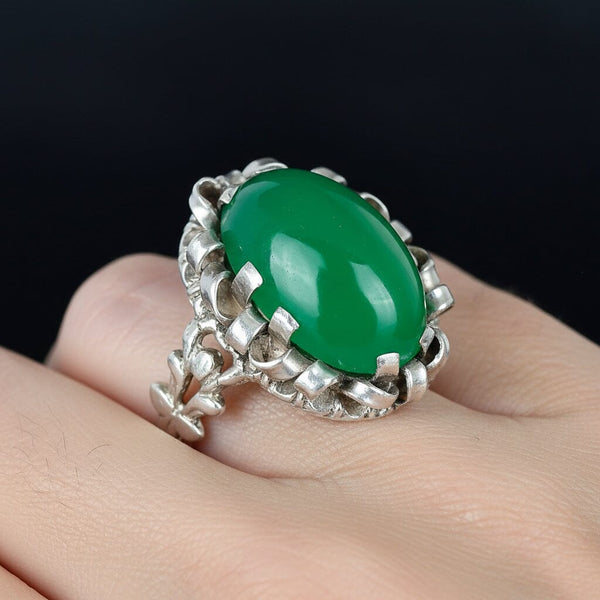 Antique Chrysoprase Ring Arts & Crafts Sterling Silver