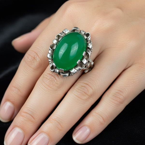 Antique Chrysoprase Ring Arts & Crafts Sterling Silver