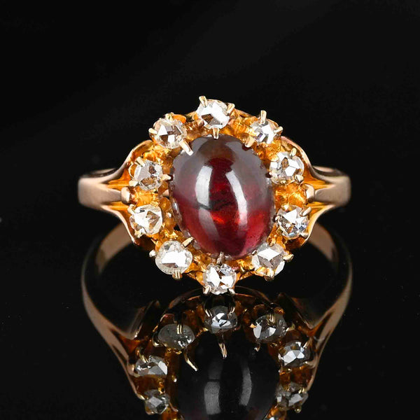 Antique Rose Cut Diamond Halo Garnet Cabochon Ring - Boylerpf