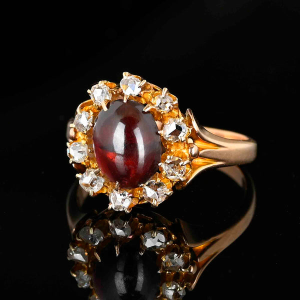 Antique Rose Cut Diamond Halo Garnet Cabochon Ring - Boylerpf