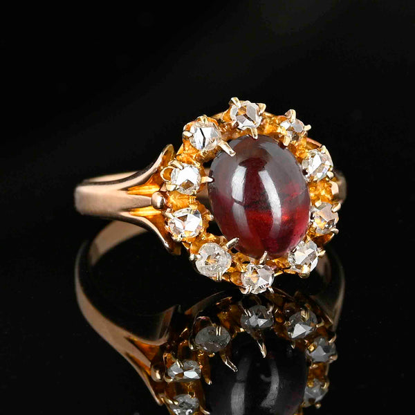 Antique Rose Cut Diamond Halo Garnet Cabochon Ring - Boylerpf