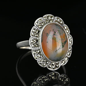 Antique Silver Marcasite Moss Agate Cabochon Ring - Boylerpf