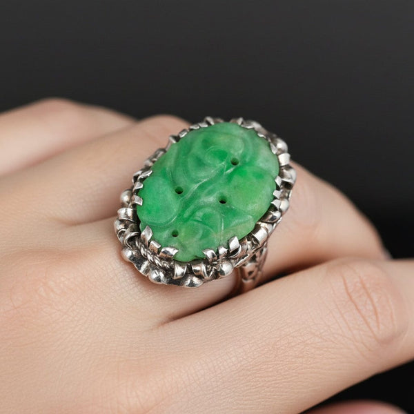 Antique Carved Jadeite Ring in Sterling Silver Floral