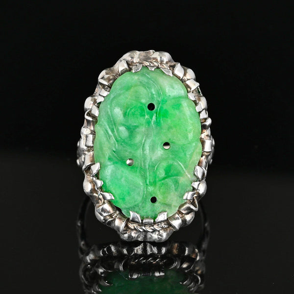 Antique Carved Jadeite Ring in Sterling Silver Floral