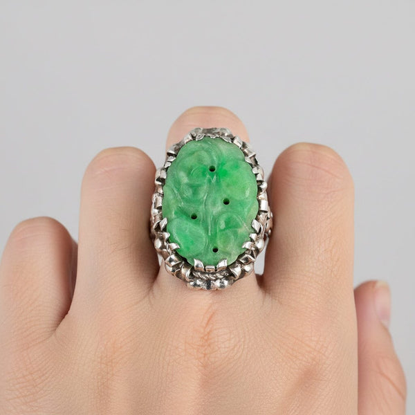 Antique Carved Jadeite Ring in Sterling Silver Floral