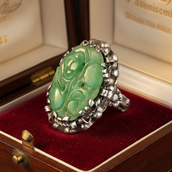 Antique Carved Jadeite Ring in Sterling Silver Floral