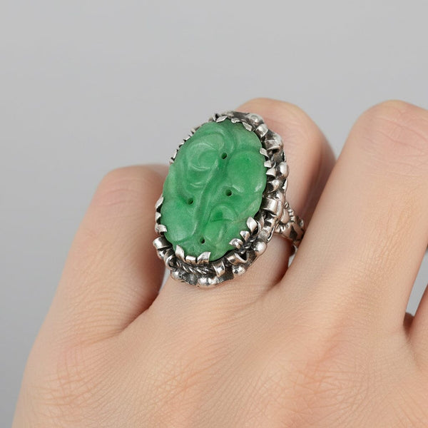 Antique Carved Jadeite Ring in Sterling Silver Floral