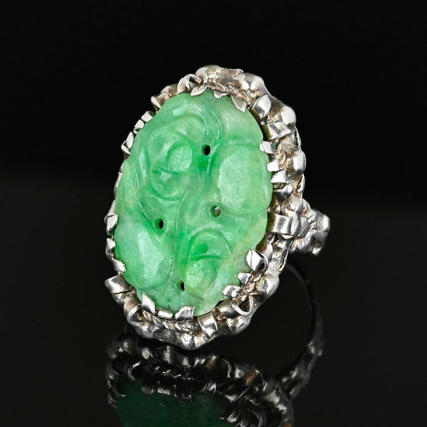 Antique Carved Jadeite Ring in Sterling Silver Floral
