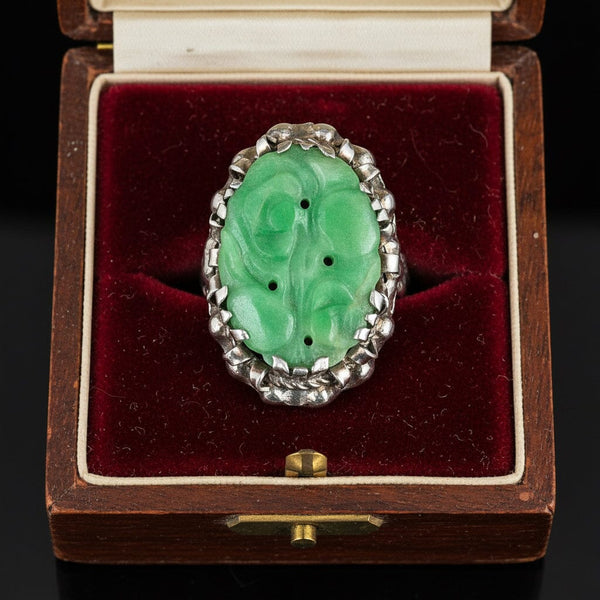 Antique Carved Jadeite Ring in Sterling Silver Floral