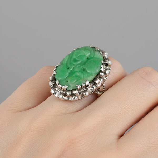 Antique Carved Jadeite Ring in Sterling Silver Floral