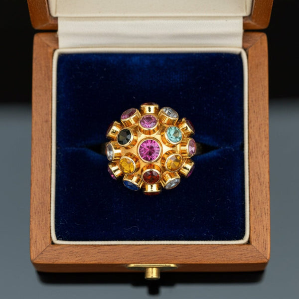Vintage 18K Sputnik Ring Multi Gemstone Dome Statement - Boylerpf