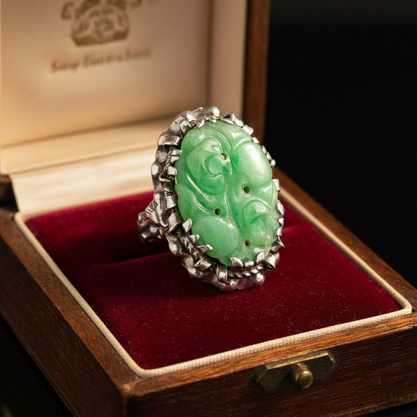 Antique Carved Jadeite Ring in Sterling Silver Floral