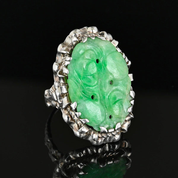 Antique Carved Jadeite Ring in Sterling Silver Floral