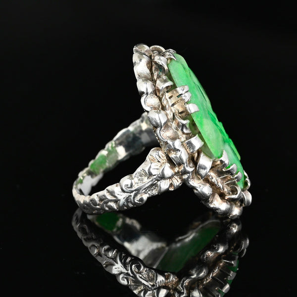 Antique Carved Jadeite Ring in Sterling Silver Floral
