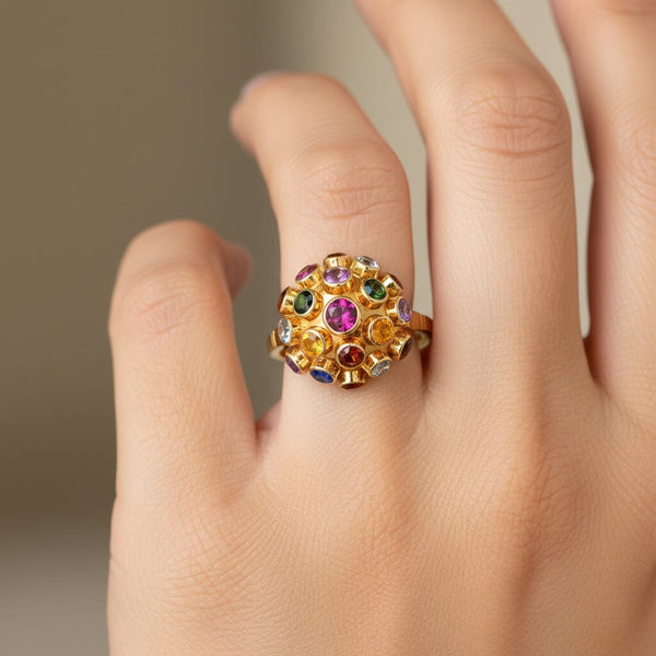 Vintage 18K Sputnik Ring Multi Gemstone Dome Statement - Boylerpf