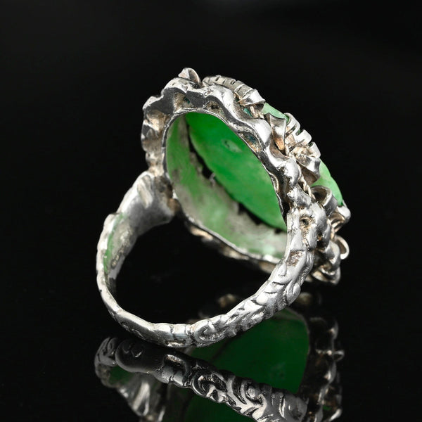 Antique Carved Jadeite Ring in Sterling Silver Floral