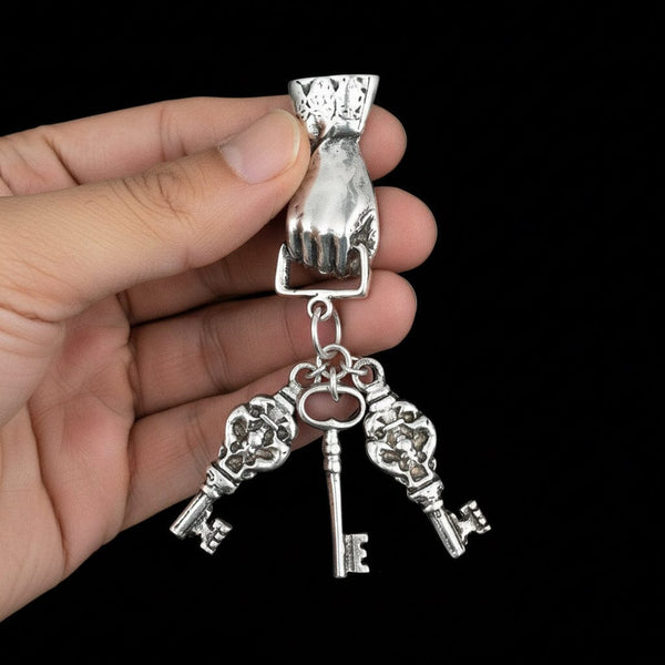 Large 1920s Art Deco Silver Hand Dangling Key Brooch