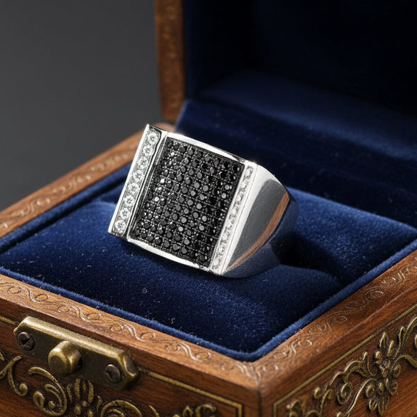 Vintage Black & White Diamond Sterling Signet Ring