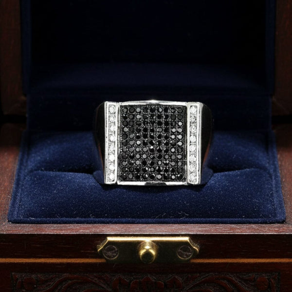 Vintage Black & White Diamond Sterling Signet Ring