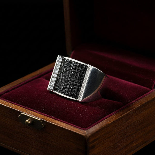 Vintage Black & White Diamond Sterling Signet Ring