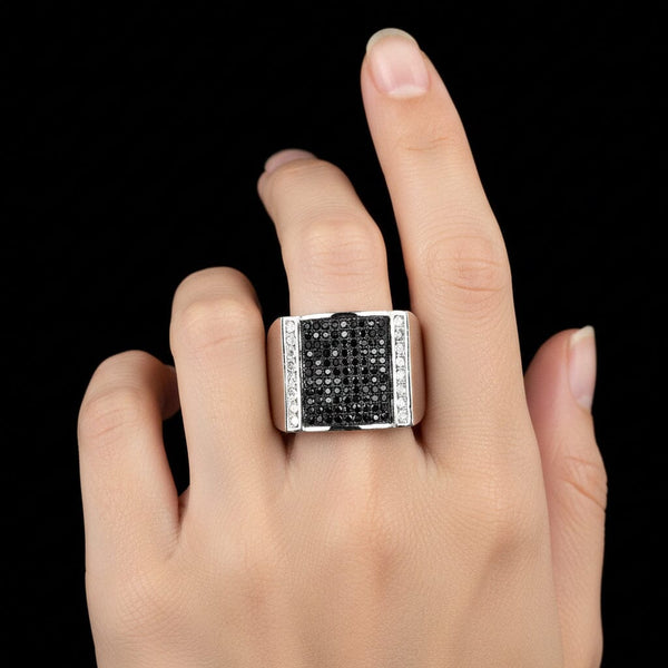 Vintage Black & White Diamond Sterling Signet Ring