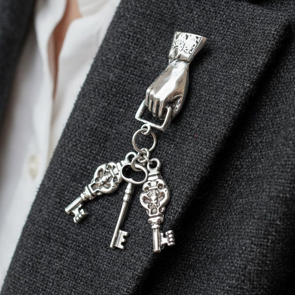 Large 1920s Art Deco Silver Hand Dangling Key Brooch