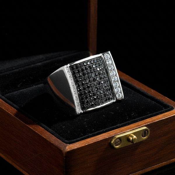 Vintage Black & White Diamond Sterling Signet Ring