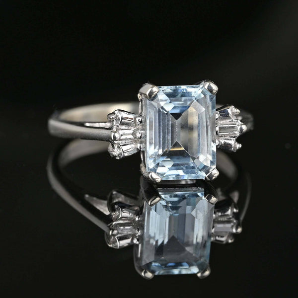 Vintage Baguette Diamond Blue Aquamarine Ring in White Gold - Boylerpf